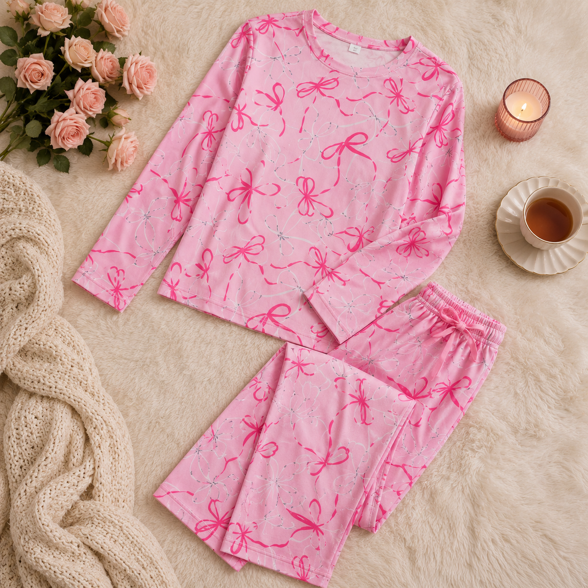 Pink Floral Bow Pajama Set 🌸🩷